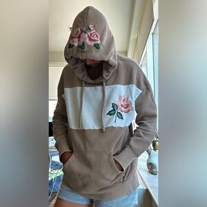 Wildfox tea roses inside out cotton terry cloth hoodie, khaki/white, XS/S